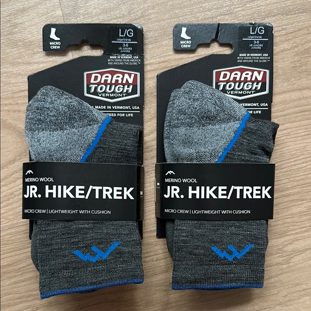 2 PAIRS Darn Tough Jr Hike/Trek Socks- LG (3-6)- Gray/Blue- NWT